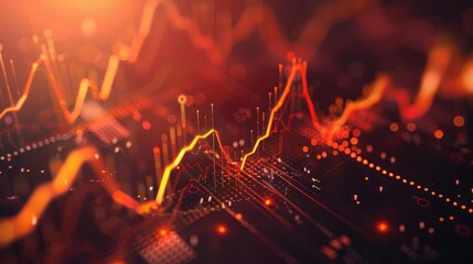 Dynamic abstract image showing financial data trends with vibrant colors and fluctuating graphs on a digital background.