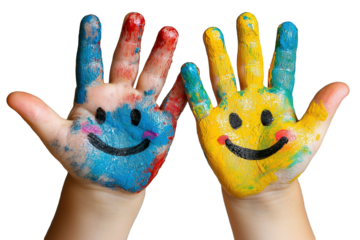 Colorful painted hands with smiley faces against white