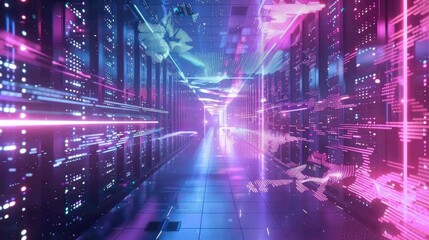 Fototapeta premium Futuristic data center hallway with vibrant neon lights and digital effects, showcasing advanced technology and connectivity.