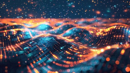 Dynamic abstract digital waves with glowing particles, ideal for technology, science, and futuristic themes.