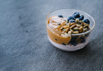peanut butter with yogurt and blueberries