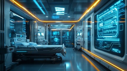 Futuristic Medical Facilities with AI Integration: Hospitals using AI for advanced patient care and diagnostics.
