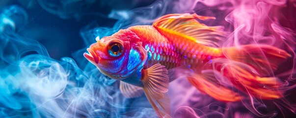 Fototapeta premium fish against the background of smoke and neon light.