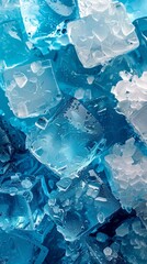 Ice cubes and crushed ice glisten against a bright blue background, creating a refreshing perspective