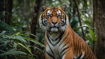 Obraz premium Wild Tiger Posing in Dense Tropical Forest