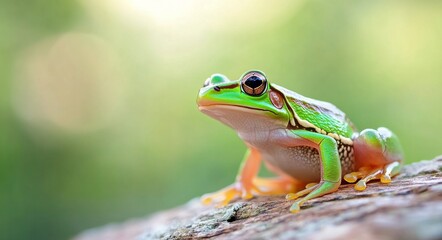 Naklejka premium Green tree frog perched on a rock during a sunny day in a lush garden