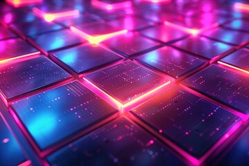 abstract neon light background, glowing panels in ultraviolet light, futuristic power generating technology