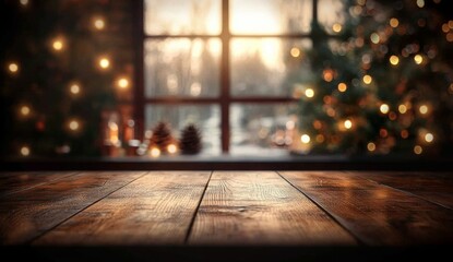 Empty wooden table with christmas theme in background