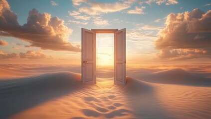 Opened door on desert. Unknown and start up concept. This is a 3d illustration