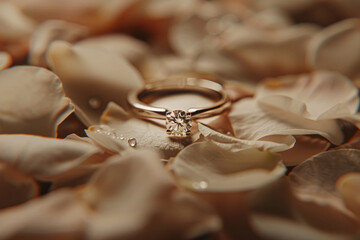Diamond engagement ring on white rose petals