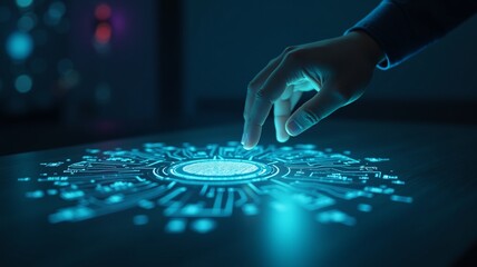 Naklejka premium a hand reaching towards a glowing, futuristic device on a dark surface. Blue and white circuitry patterns illuminate the projection screen. Abstract technology concept with a sense of curiosity.