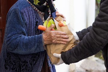 grocery delivery for old woman from supermarket. Health, shopping and female with elderly lady customer at home entrance, healthy food and groceries bag from retail store courier