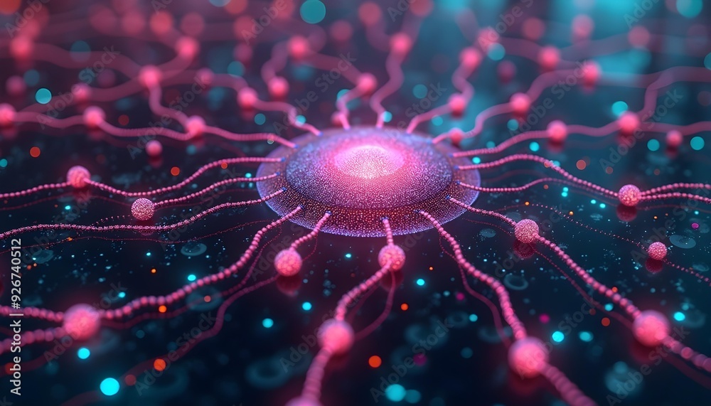 Wall mural a close-up view of a glowing pink and purple cell or virus-like structure with intricate tendrils or