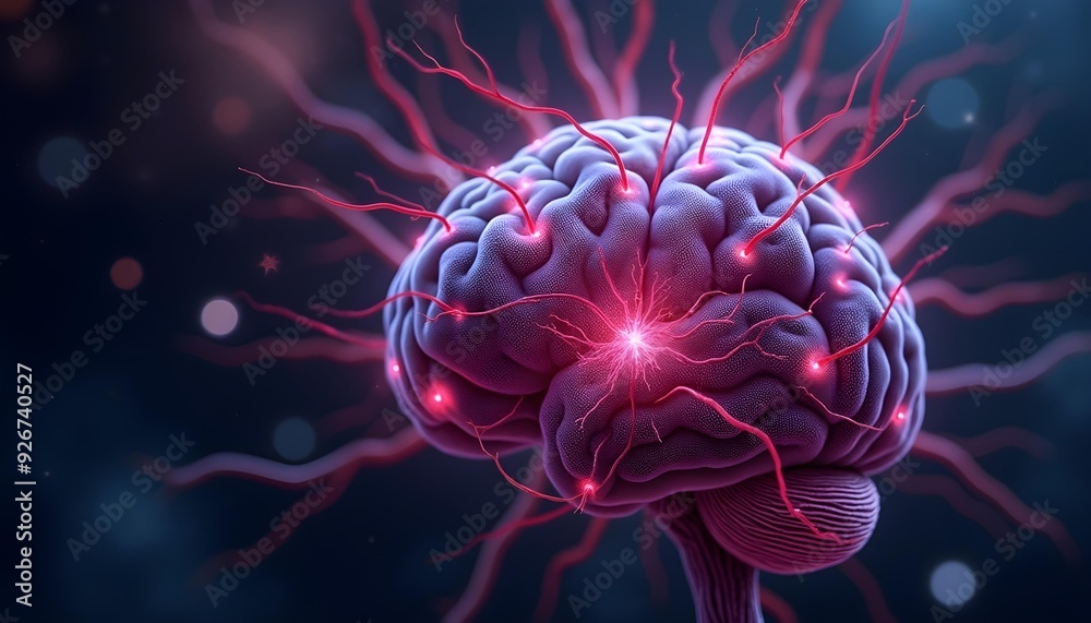 Wall mural a close-up view of a human brain with glowing red and blue neural pathways, against a dark backgroun