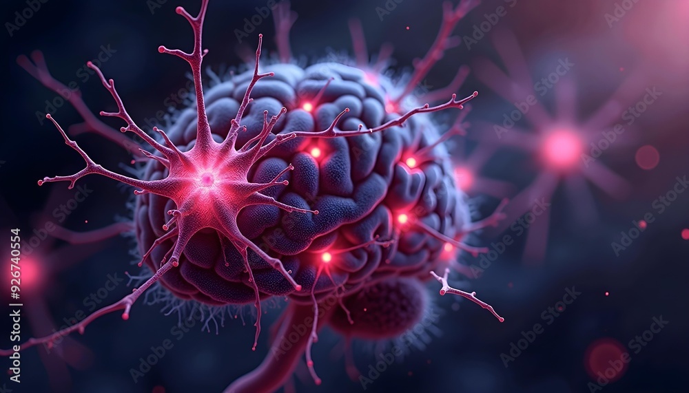 Wall mural a close-up view of a neuron with its intricate network of dendrites and axons, glowing with red and 