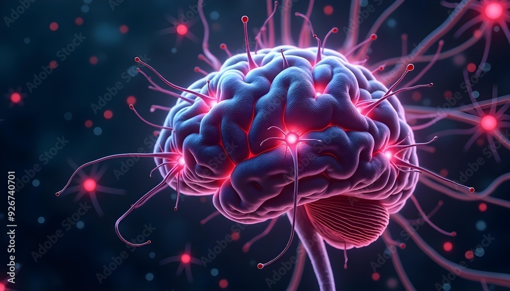 Wall mural a detailed, colorful rendering of a human brain with glowing red and blue neural pathways, surrounde