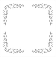 Vegetal floral frame with leaves and rose flowers, decorative corners for greeting cards, banners, business cards, invitations, menus. Isolated vector illustration.	