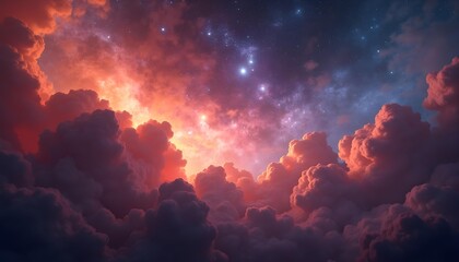 Fototapeta premium Dramatic orange and purple clouds in a night sky with stars