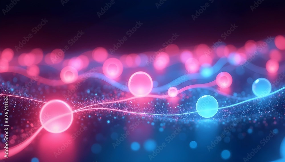 Wall mural glowing abstract waves with colorful bokeh lights on a dark background