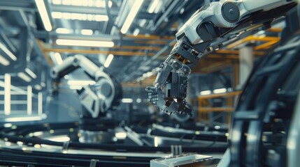 Futuristic robotic arm in a high-tech industrial setting, showcasing precision and automation in modern manufacturing.