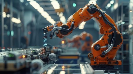 Close-up of an industrial robotic arm working on an assembly line in a modern factory. Precision and automation in manufacturing.