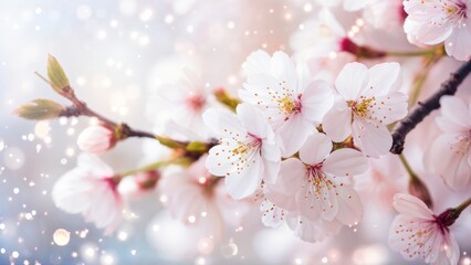 Obraz premium Abstract blurred website banner on the background of a spring blooming white cherry tree.