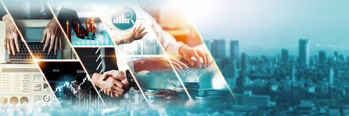 Futuristic business digital financial data technology concept for future big data analytic and business intelligence research for businessman analyst invest decisions making panoramic banner kudos