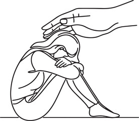 Adobe IllustratSupporting Mental Health: Single Line Drawing of Helping Hand Reaching Out to Depressed Woman - Stress Relief and Support Concept Vector Illustrationor Artwork