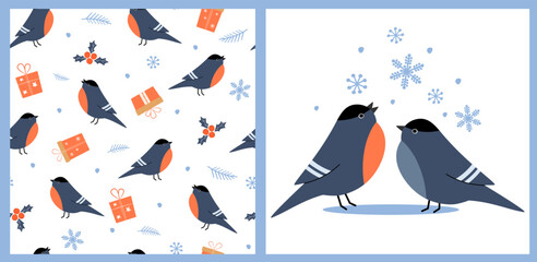 Seamless pattern with bullfinches birds. winter holiday print with snowflakes and gift boxes. Vector graphics.