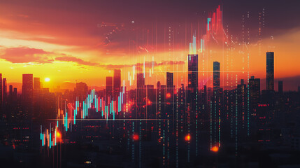 Abstract with pastel colorful charts and graphs with statistics to analyze business potential and forecast future development of companies growth. with city skyline and modern building background