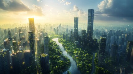 Smart Urban Planning with AI and Renewable Energy: Urban areas planned with AI and powered by renewable energy.