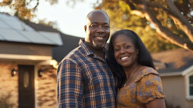 A black senior couple smiles in front of their home with solar panels on the roof
