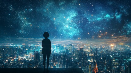 Fototapeta premium A futuristic cityscape with the silhouette of a person gazing at the stars, with large open areas for copy and additional design elements. High resolution 8K