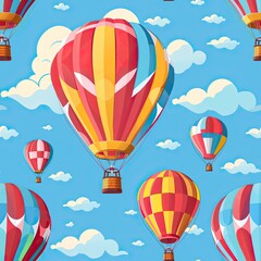 Fototapeta premium Colorful hot air balloons floating in a blue sky filled with fluffy clouds during a sunny day