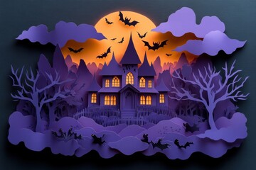 Paper Art Haunted House with Bats and Ghosts