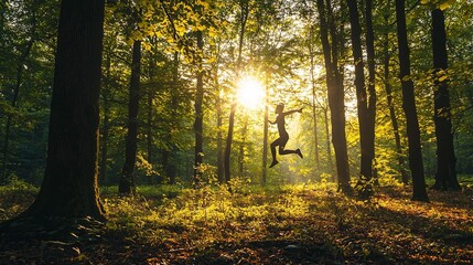 Obraz premium A sunlit forest combined with a person in mid-motion, such as running or jumping, with a generous amount of empty space. High resolution 8K