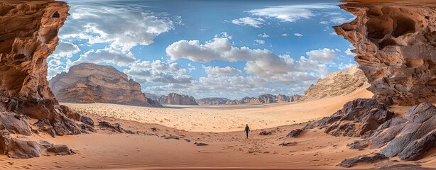A panoramic view of a desert landscape combined with the image of a person walking, creating an expansive composition with space for copy. High resolution 8K