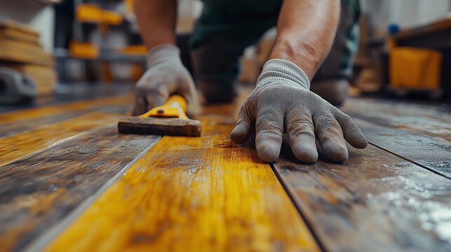 Close-Up of a Carpenter’s Hands Smoothing a Wooden Floor, Highlighting Skill and Precision in a Well-Lit Workshop Environment, Emphasizing Craftsmanship