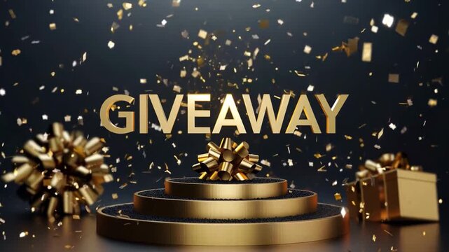 A vibrant giveaway showcases golden letters, confetti, and beautifully wrapped gifts arranged in a festive setting