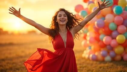 A young Caucasian woman with long curly red hair wearing a flowing red dress, joyfully dancing in a field with colorful balloons in the background