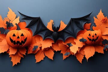 Naklejka premium Sophisticated Paper Art Bat and Pumpkin with Detailed Cutting