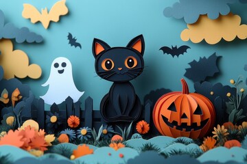 Paper Art Black Cat on Fence with Pumpkin and Ghost