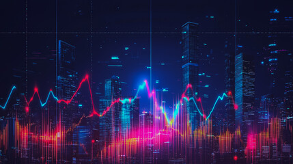 Abstract with pastel colorful charts and graphs with statistics to analyze business potential and forecast future development of companies growth. with city skyline and modern building background