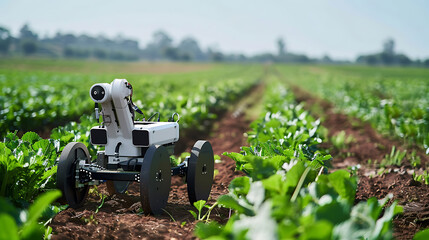 An advanced autonomous robot drone equipped with sensors and AI technology is operating in an agricultural field, showcasing the latest in smart farming automation and precision agriculture
