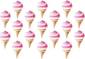 Ice cream,  lot of pink ice cream in cones, nice background