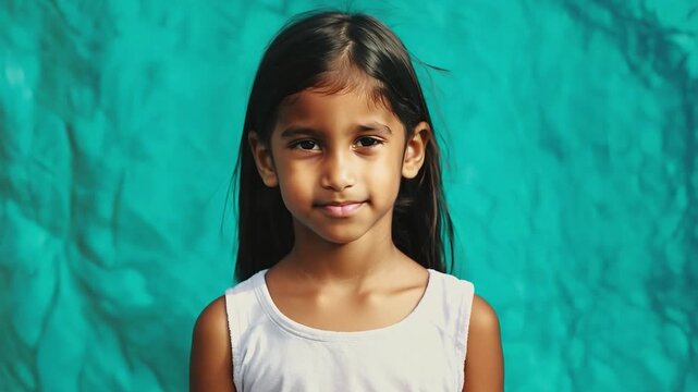 Young girl posing smiling against teal backdrop