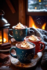 colorful mugs overflowing joyful winter drinks featuring hot whipped cream garnishes cozy setting, beverage, chocolate, tea, cup, ceramic, festive, cocoa