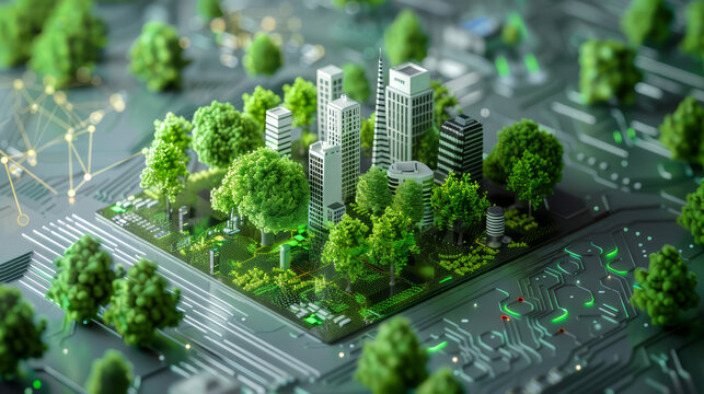 A 3D illustration depicts a futuristic green city merging urban architecture with circuit board elements.