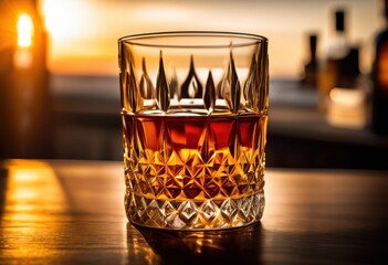 elegant whiskey glass showcasing deep amber hues glossy finish refined design, sleek, rich, beverage, round, shiny, crystal, smooth, barware, luxury