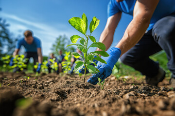 Fototapeta premium Volunteers Are Planting Young Trees Together During Earth Day In A Forested Area.